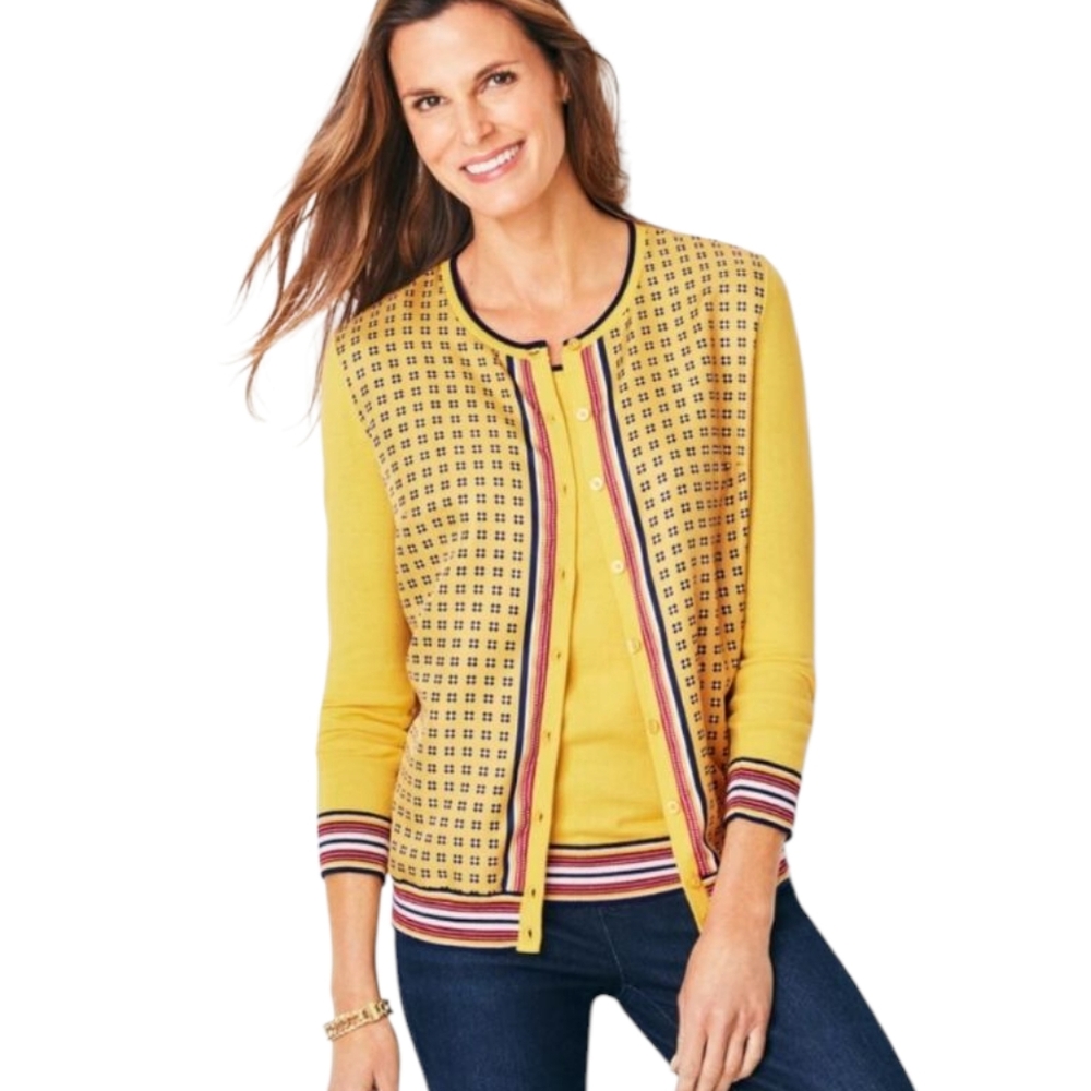 Talbots Women's Size 1X Yellow Geo Print Patterned Charming Cardigan Layering - Picture 3 of 14